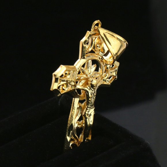 14k Cross Jesus Halo Figaro Italy Necklace - Picture 3 of 5